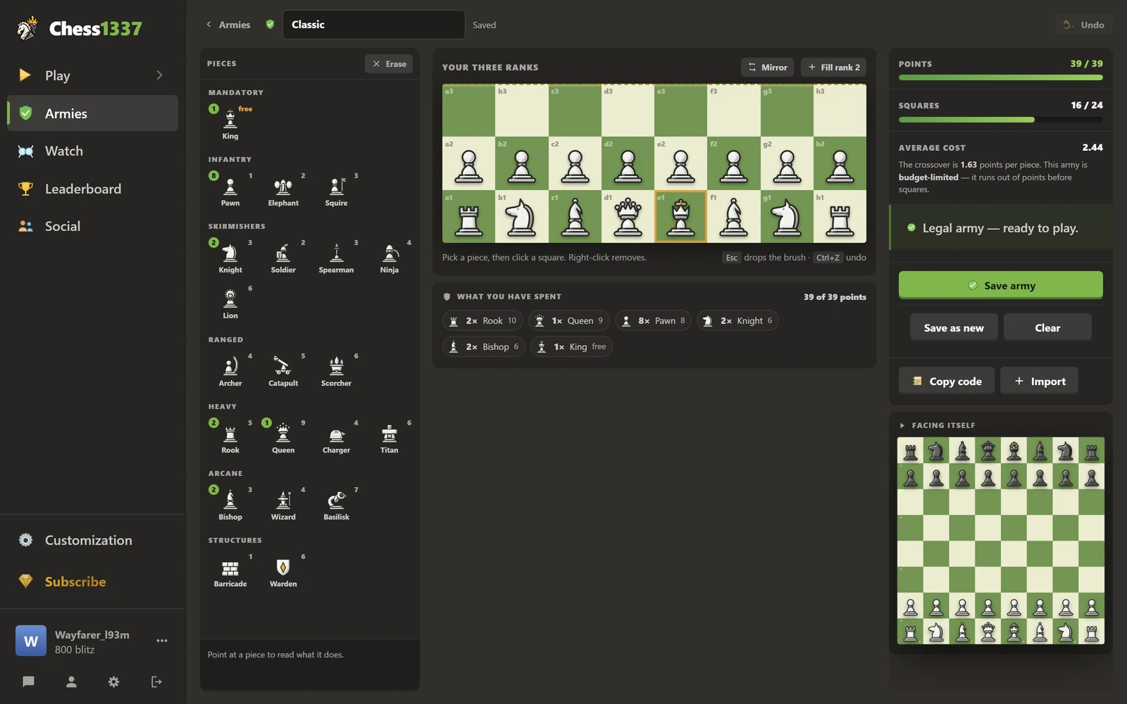 Chess1337 army builder with its piece palette, three starting ranks, and 39-point budget