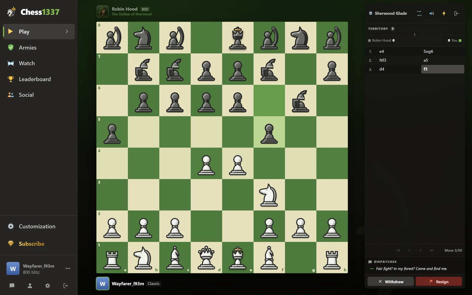 Chess1337 live bot duel against Robin Hood, showing the board, move history, and opponent dialogue
