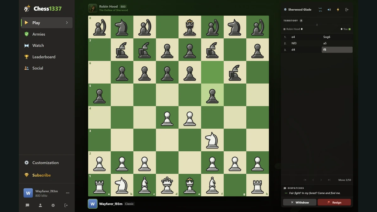 An actual Chess1337 game against Robin Hood on the green and ivory board