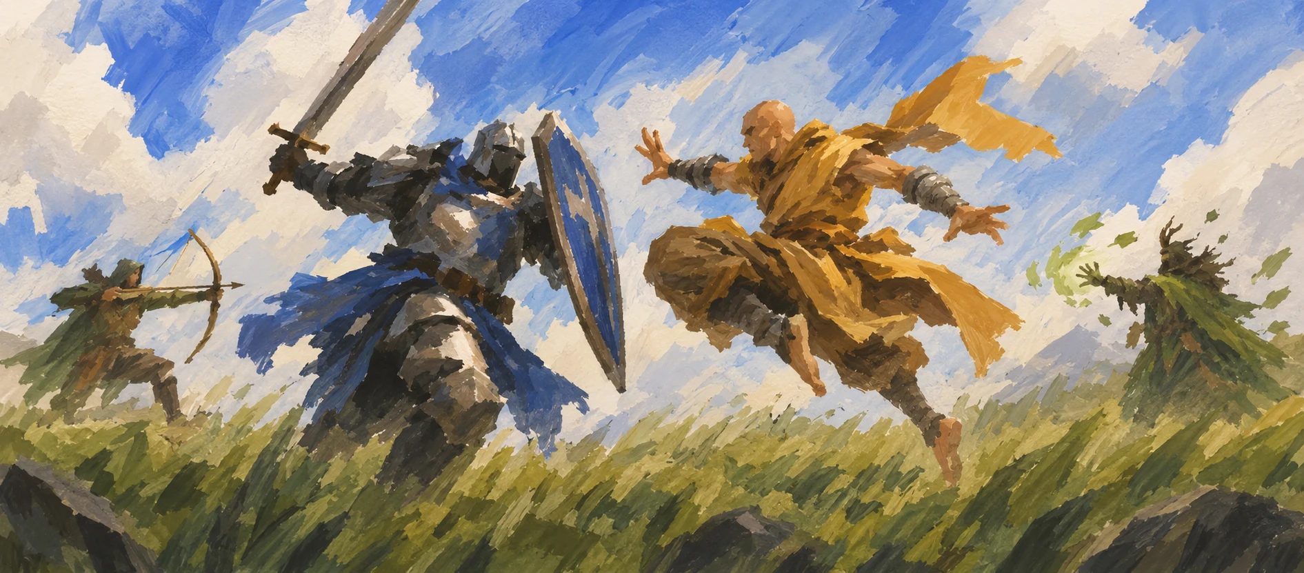 EverEmber artwork featuring a knight, monk, archer, and nature mage in battle