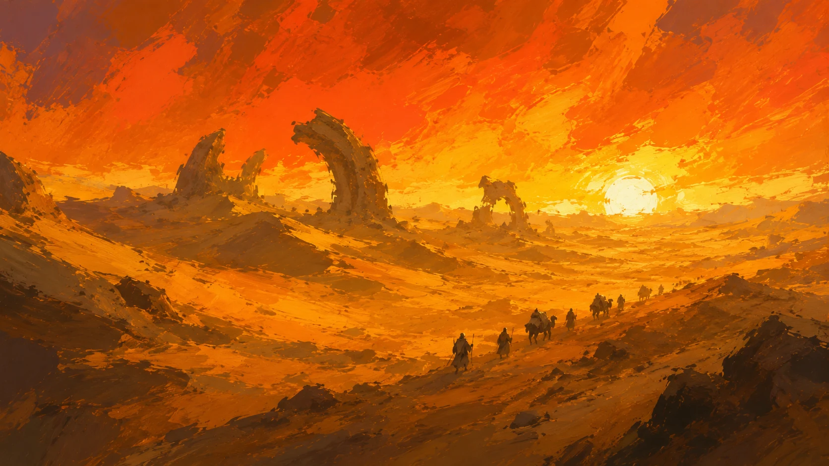 Travelers cross an EverEmber desert beneath towering stone arches and an orange sunset