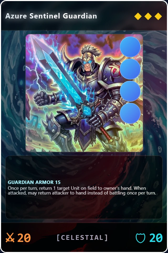 Azure Sentinel Guardian as rendered in Riftaria: Water Unit with Guardian, Armor 15, 20 attack, and 20 defense