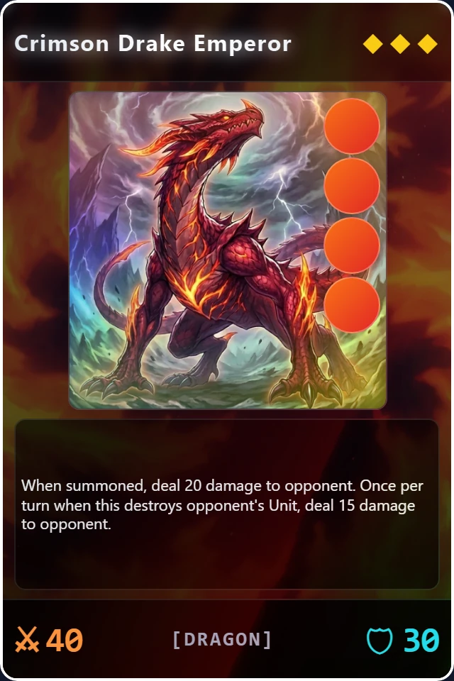 Crimson Drake Emperor as rendered in Riftaria: Fire Dragon with summon damage, 40 attack, and 30 defense