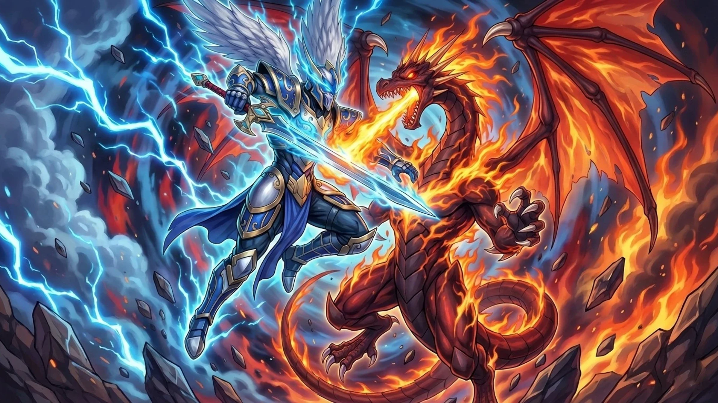 Original Riftaria artwork of an armored sentinel clashing with a fire dragon