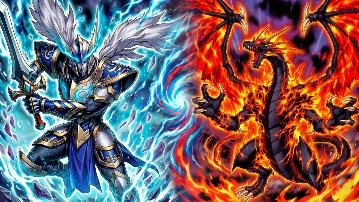 Original Riftaria artwork of an armored sentinel clashing with a fire dragon